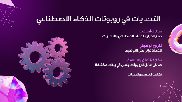 قالب بوربوينت علم الروبوتات - شريحة عرض عن التحديات في روبوتات الذكاء الاصطناعي.