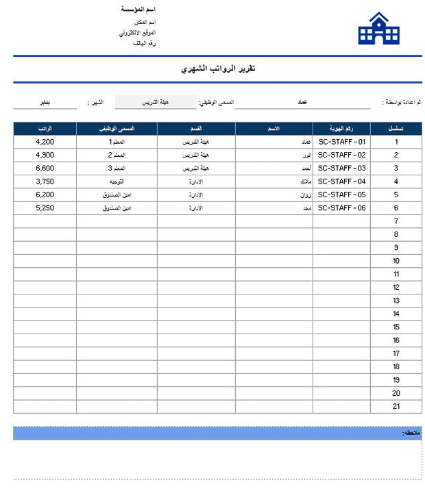 ملف اكسل تقرير الرواتب الشهري