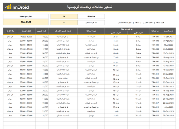 تقرير اكسل - تسعير المعاملات والخدمات اللوجستية