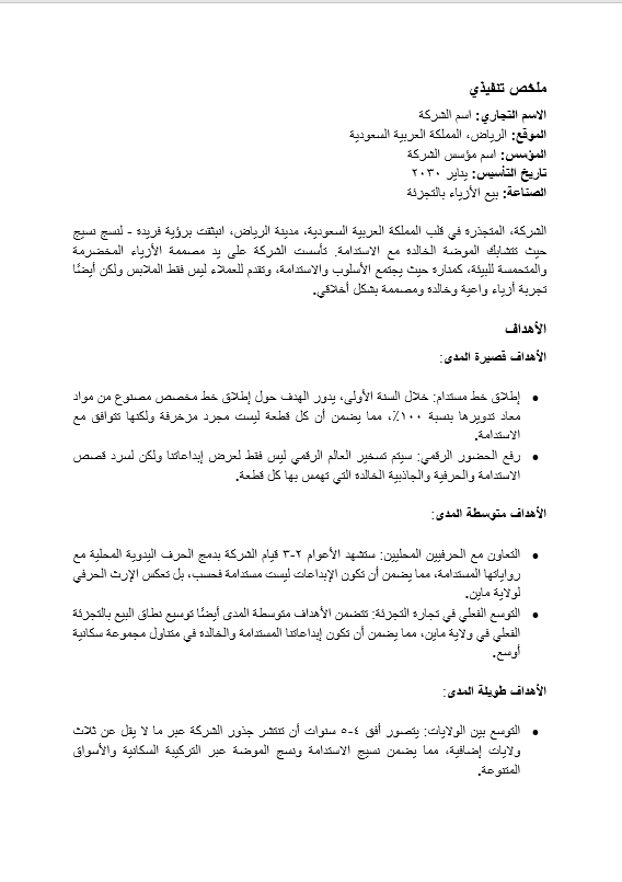 قالب وورد خطة عمل الشركة