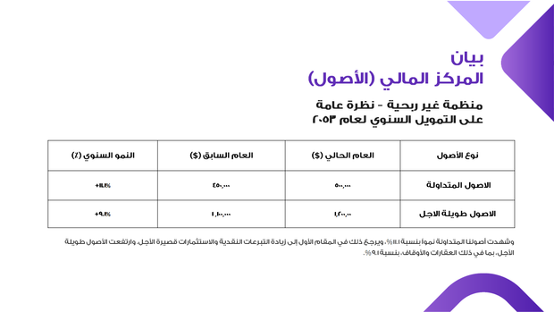 قالب بوربوينت تمويل منظمة غير ربحية - شريحة عرض عن بيان المركز المالي للأصول.