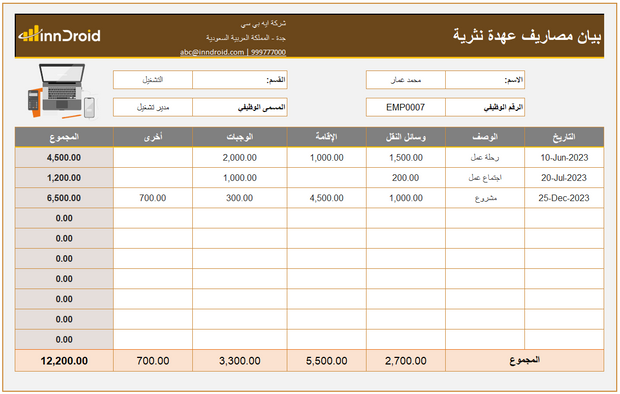 نموذج اكسل - كشف عهدة المصاريف النثرية - للمشتريات أو رحلات العمل - Custody