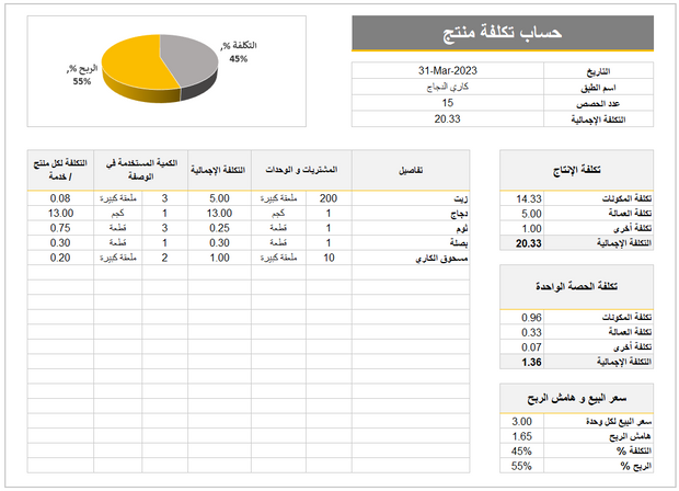 ملف اكسل لإحتساب تكلفة المنتجات ( الوصفات )