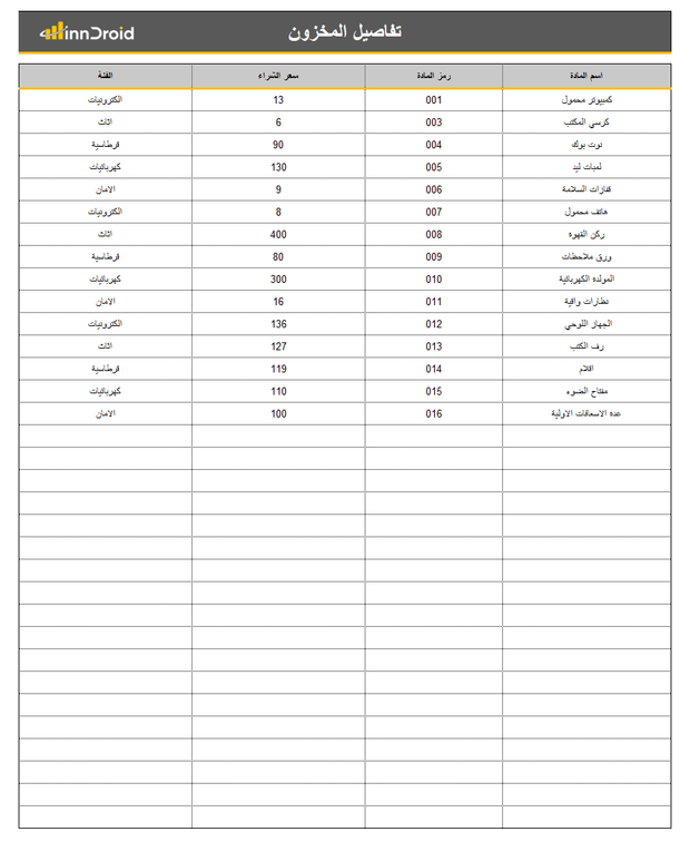 قالب اكسل - قائمة مخزون المستودع