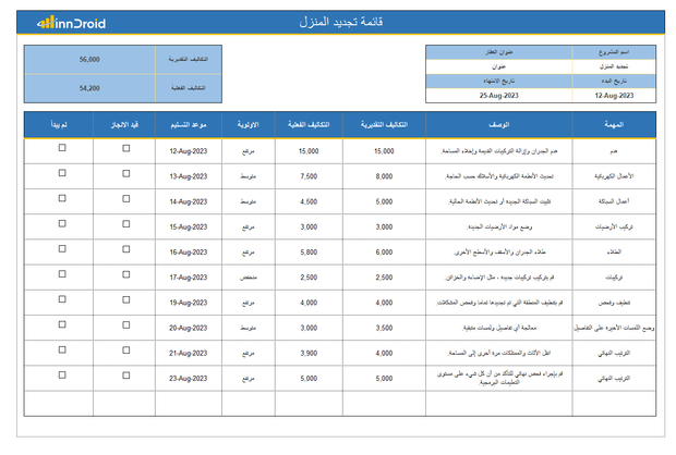 اكسل - قائمة مرجعية لتجديد المنزل
