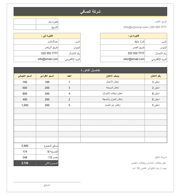 داشبورد اكسل - فاتورة الاعلان