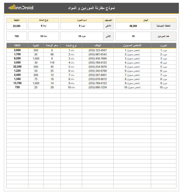 قالب اكسل -مقارنة الموردين والمواد - Free excel template